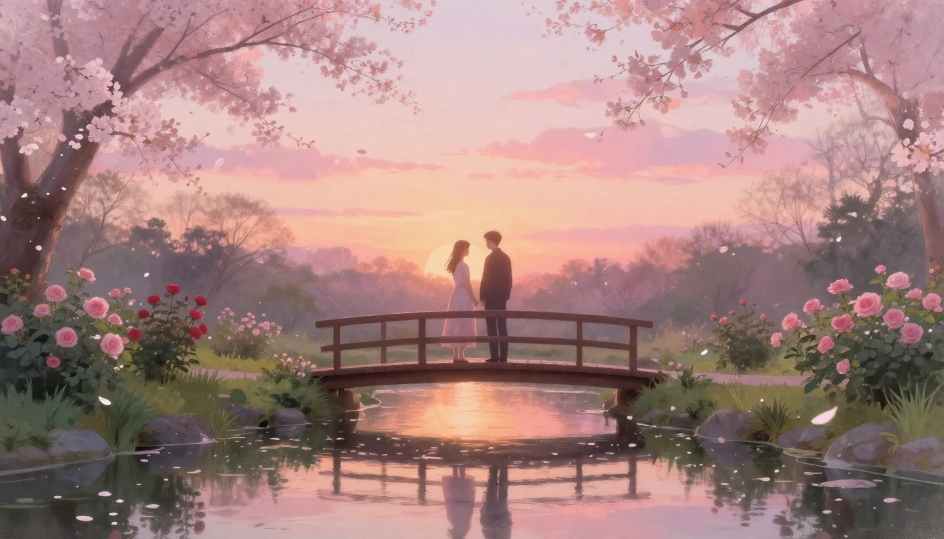 A dreamy and romantic scene of two silhouettes standing on a...