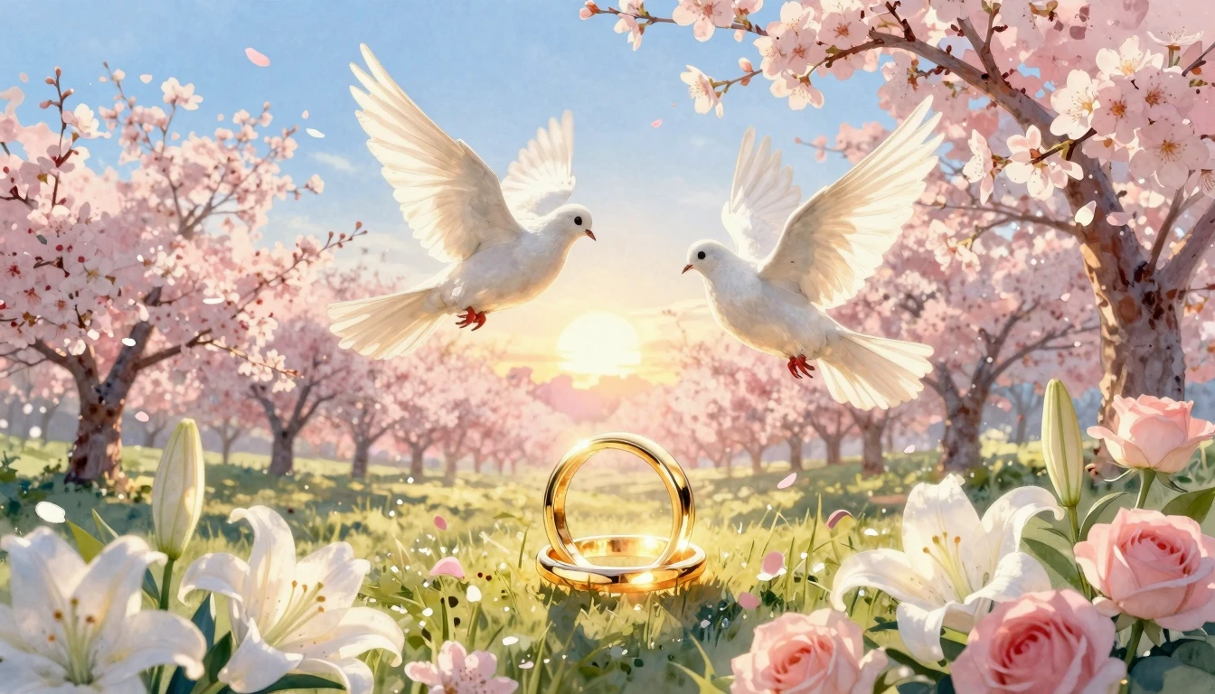 A magical and romantic watercolor scene of two white doves f...