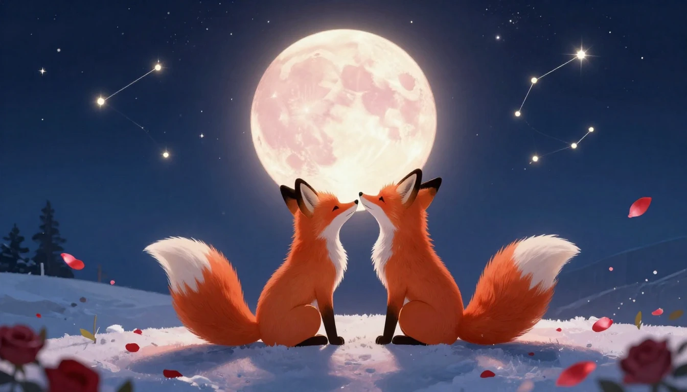 A whimsical and romantic scene featuring two stylized foxes ...