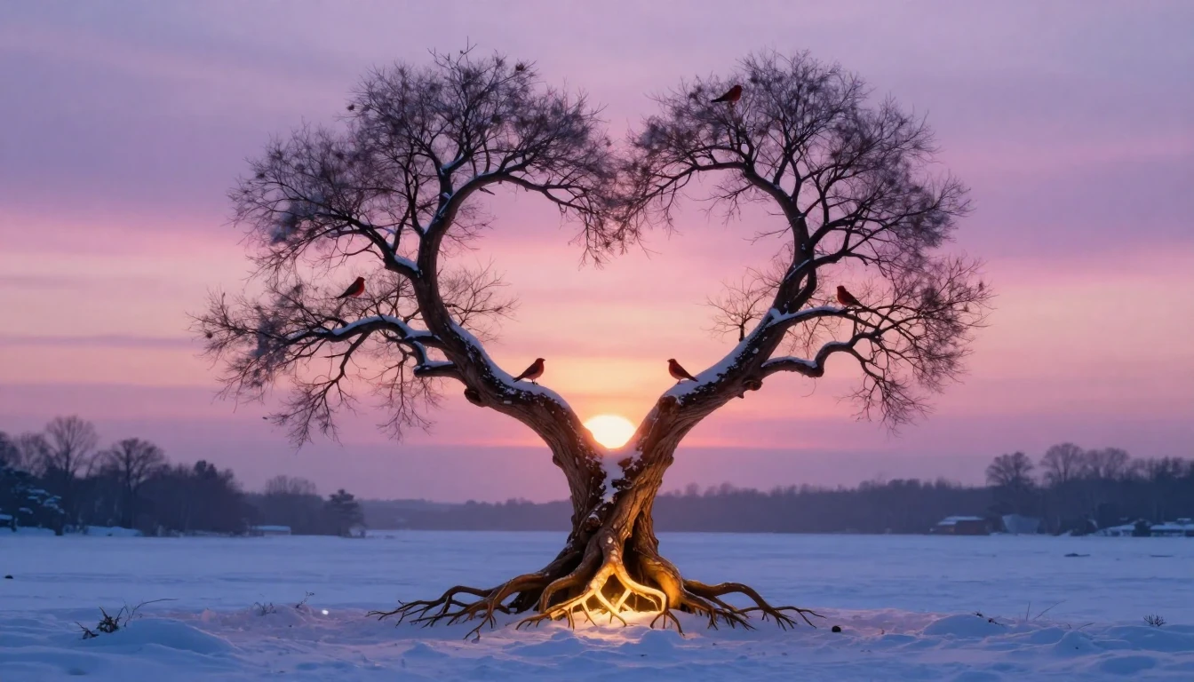 A warm, romantic illustration featuring two intertwined tree...