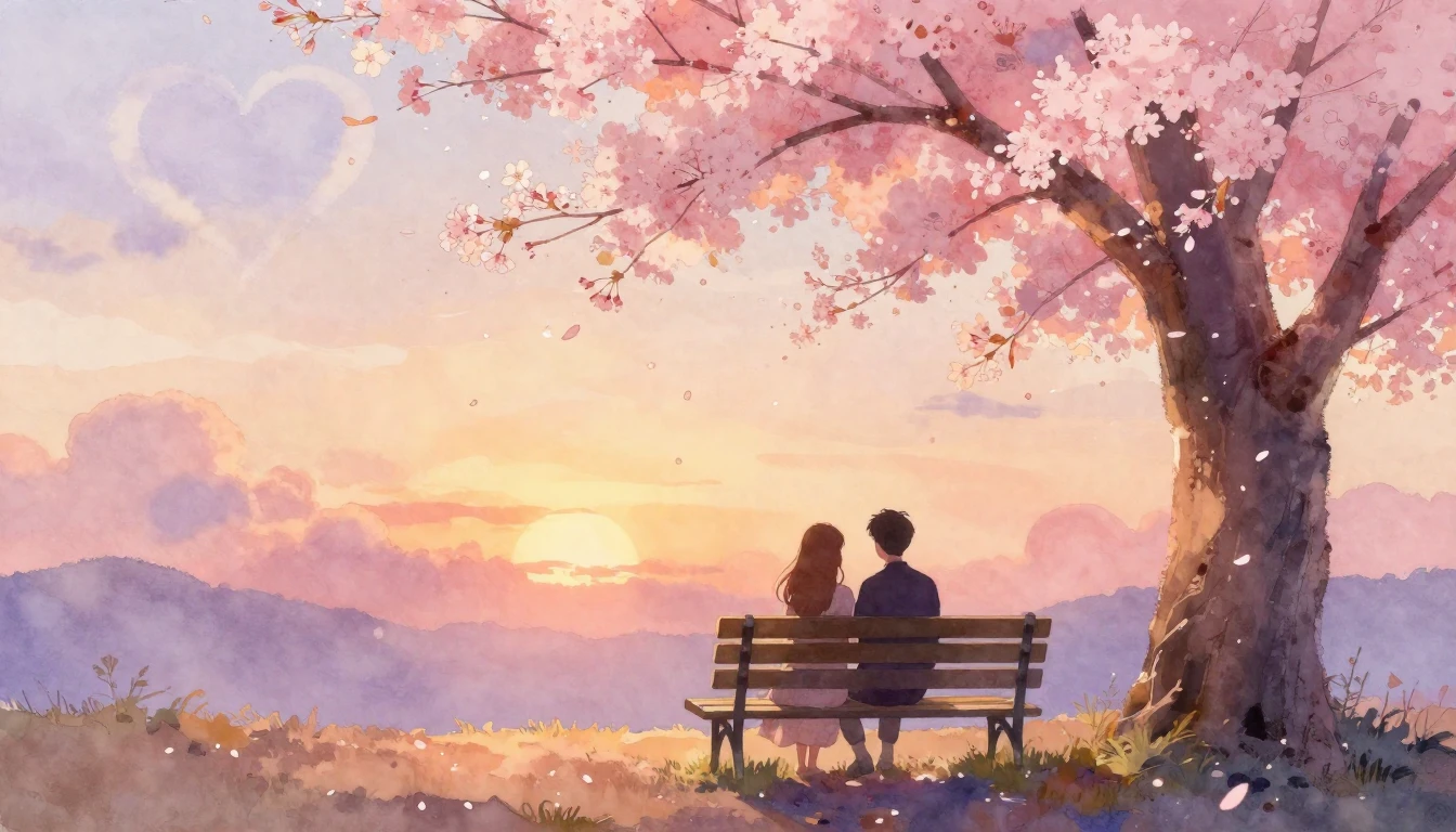 A soft and romantic watercolor painting depicting two silhou...