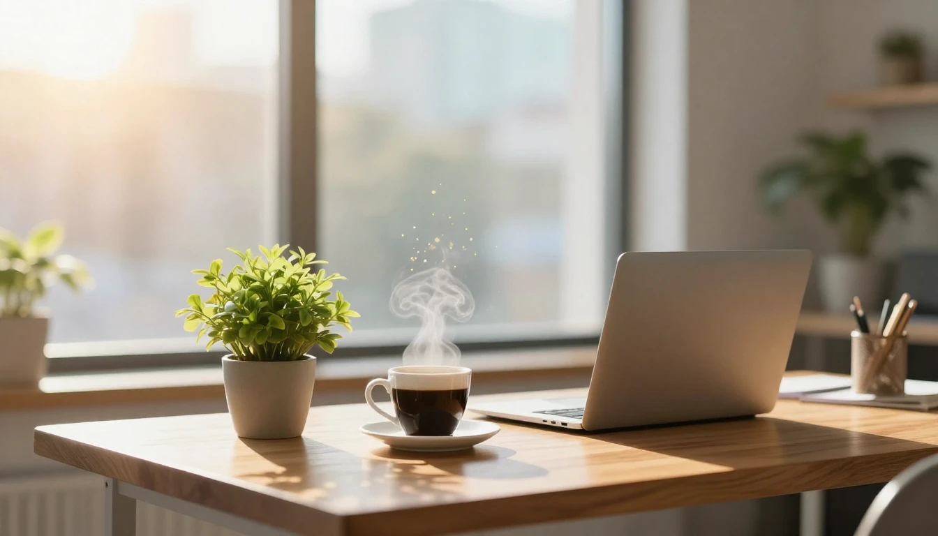 A bright and inspiring modern workspace bathed in warm golde...