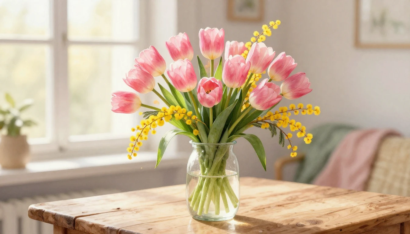 A delicate and vibrant bouquet of pink tulips and fluffy yel...