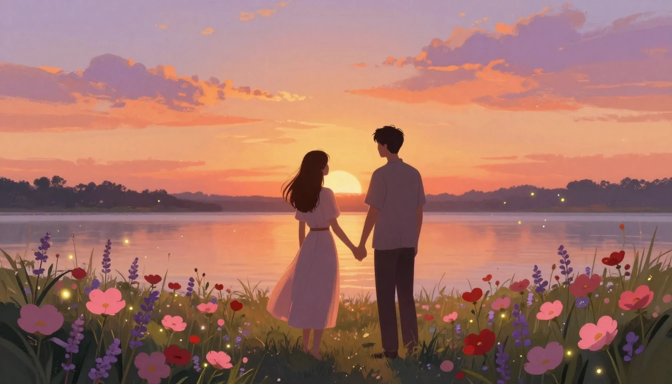 A romantic and dreamlike scene of two people silhouetted aga...