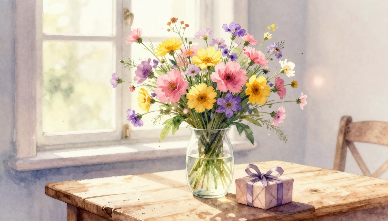 A vibrant and delicate watercolor painting of a lush bouquet...