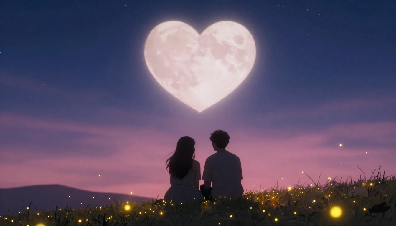 A romantic and dreamy scene featuring two indistinct silhoue...