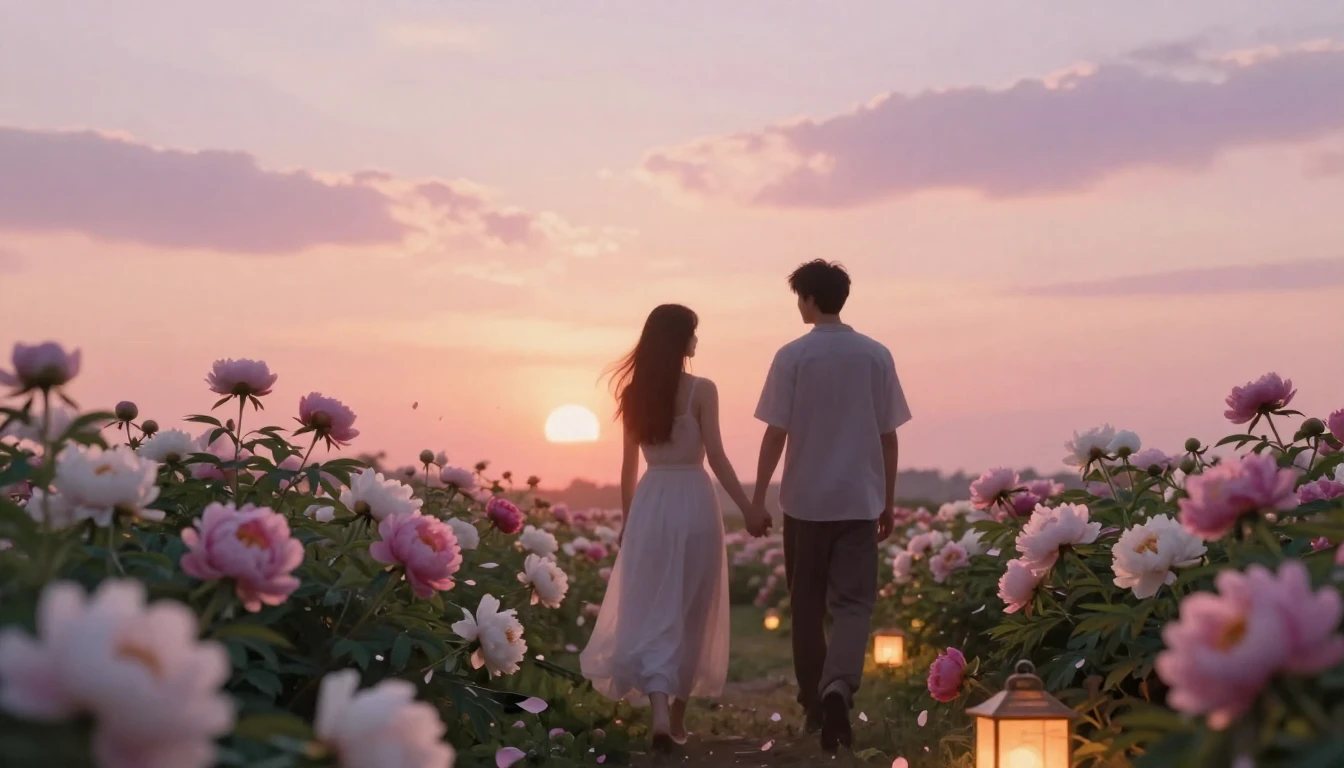 A romantic and dreamlike scene of two silhouettes holding ha...