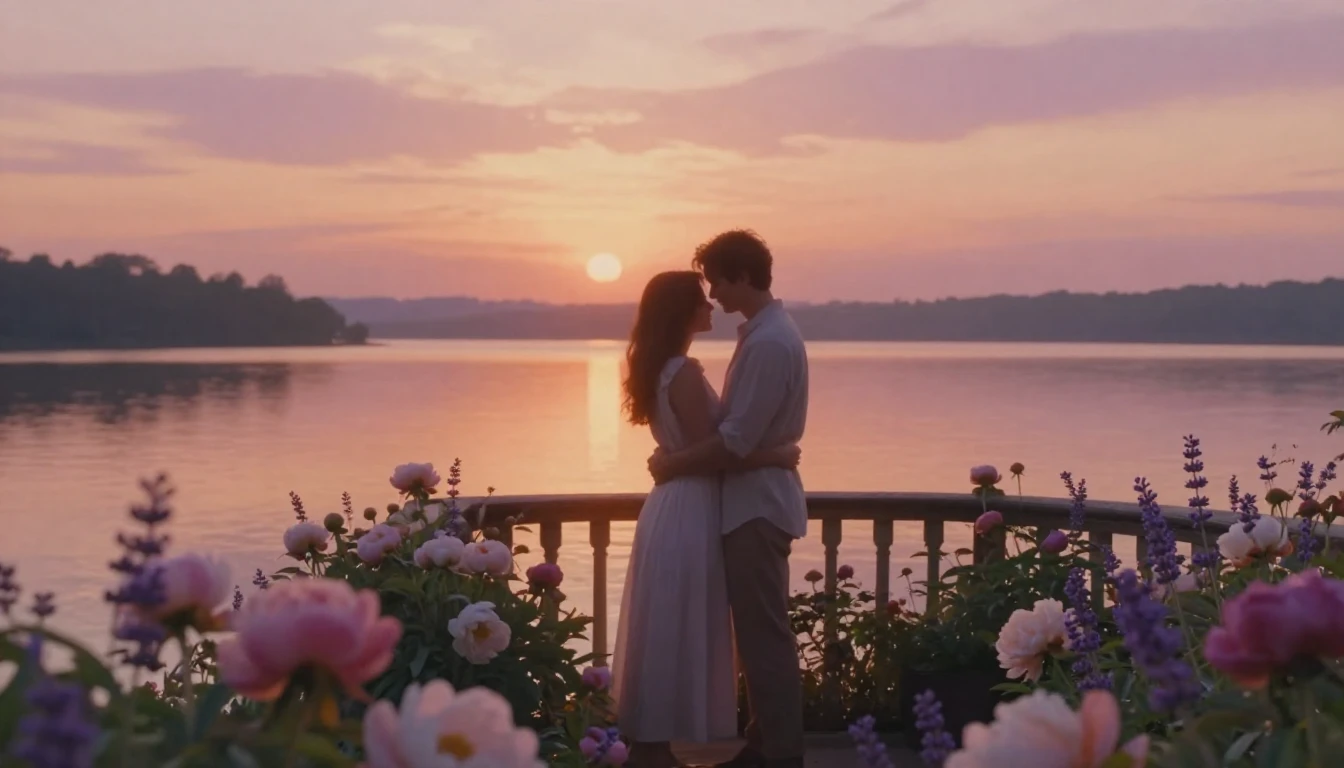 A romantic and intimate scene of a couple standing on a flow...
