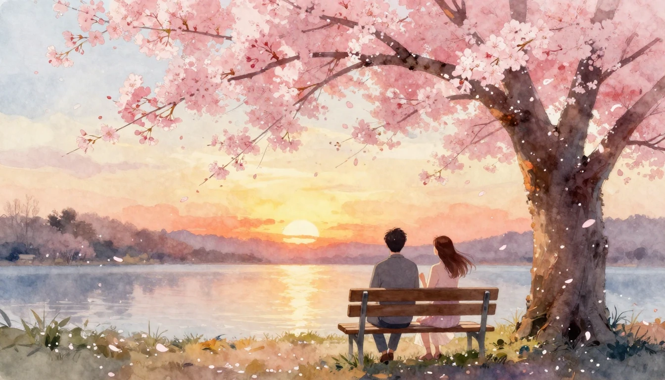 A romantic and ethereal watercolor painting of a couple sitt...