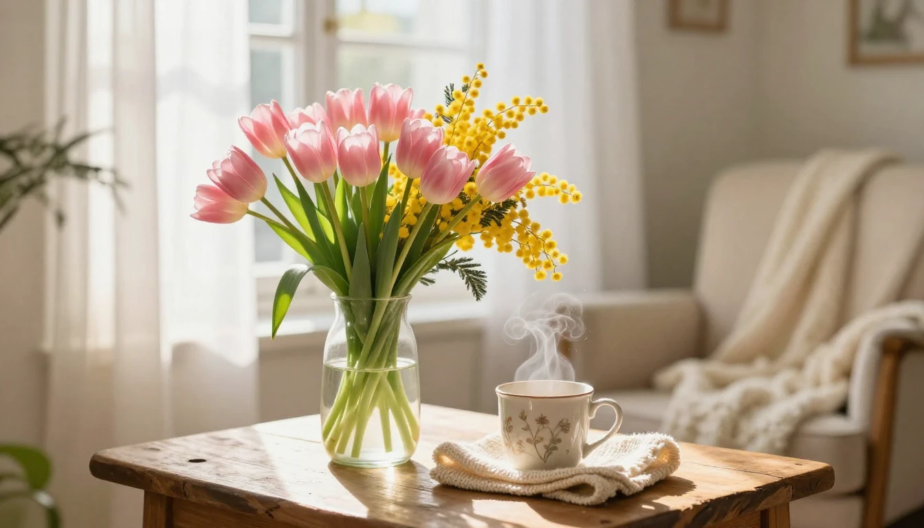 A heartwarming and delicate scene of a cozy sunlit room in e...