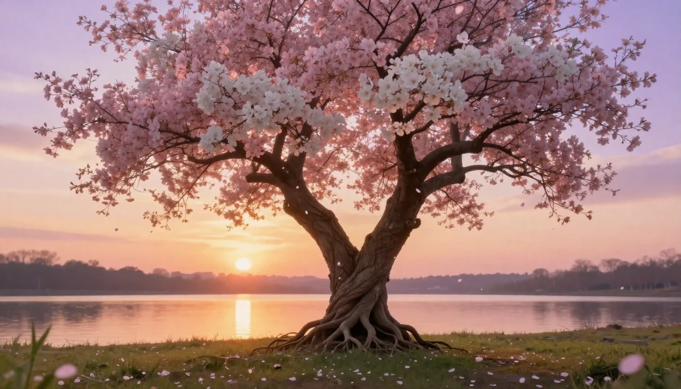 A romantic and dreamy scene depicting two intertwining trees...