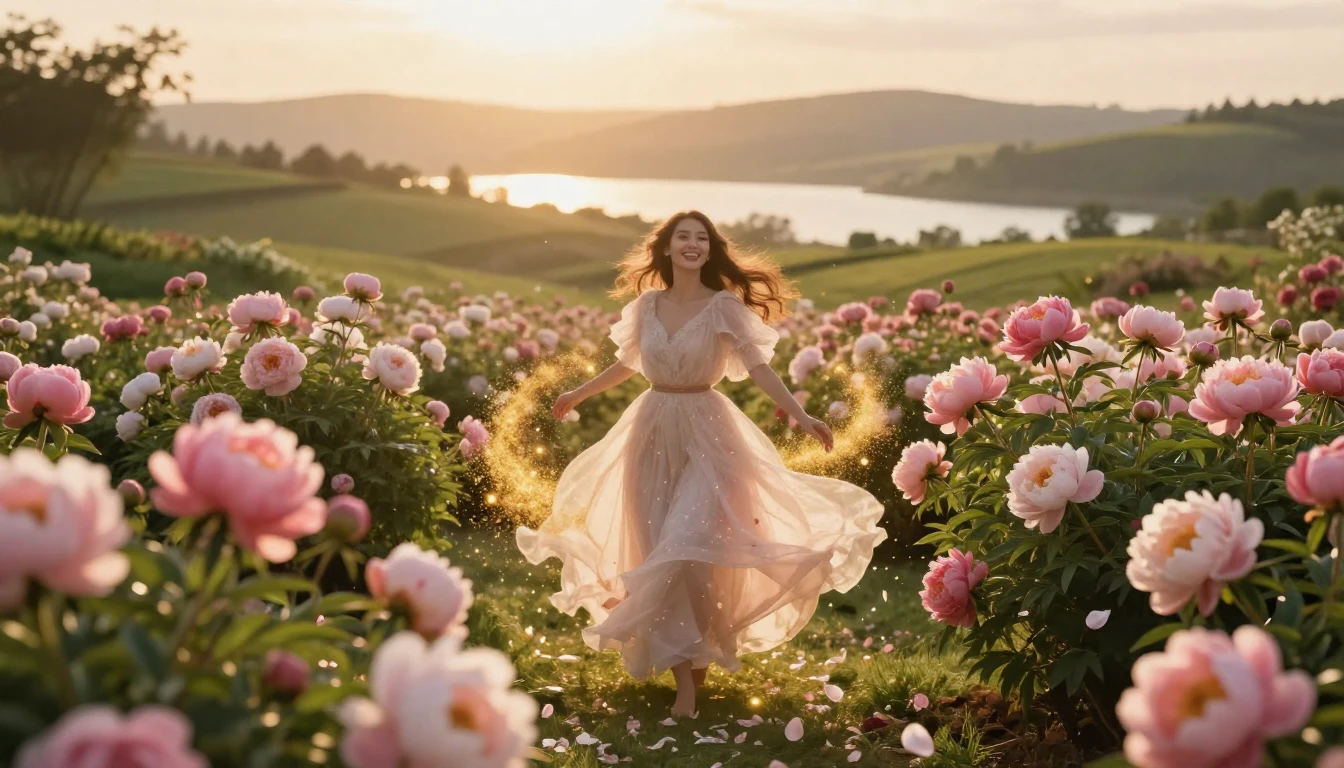 A breathtaking, serene garden filled with lush, blooming peo...