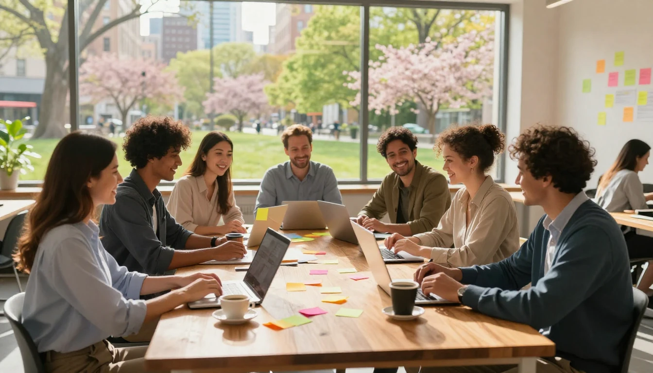 A warm and inviting scene depicting a diverse group of profe...