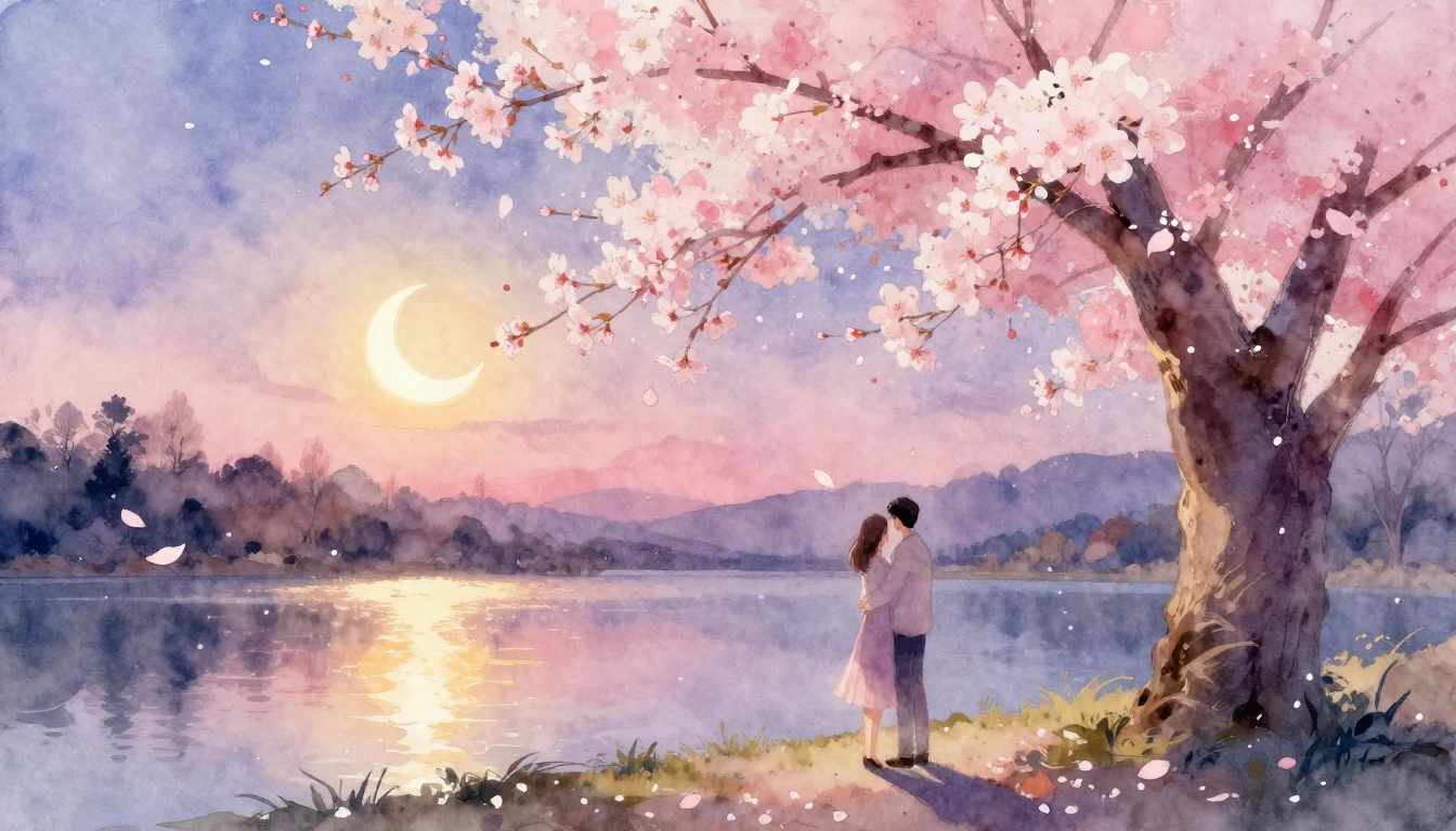 A romantic and ethereal watercolor painting of a couple stan...
