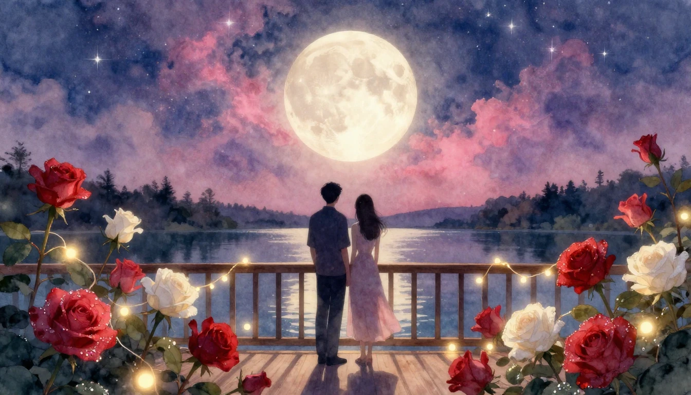 An intimate and dreamy scene featuring two silhouettes of a ...