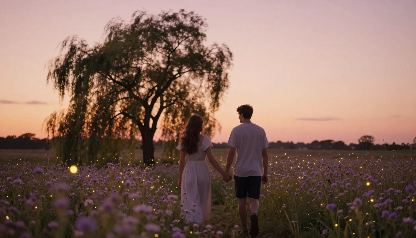 A dreamlike and romantic scene featuring two figures holding...