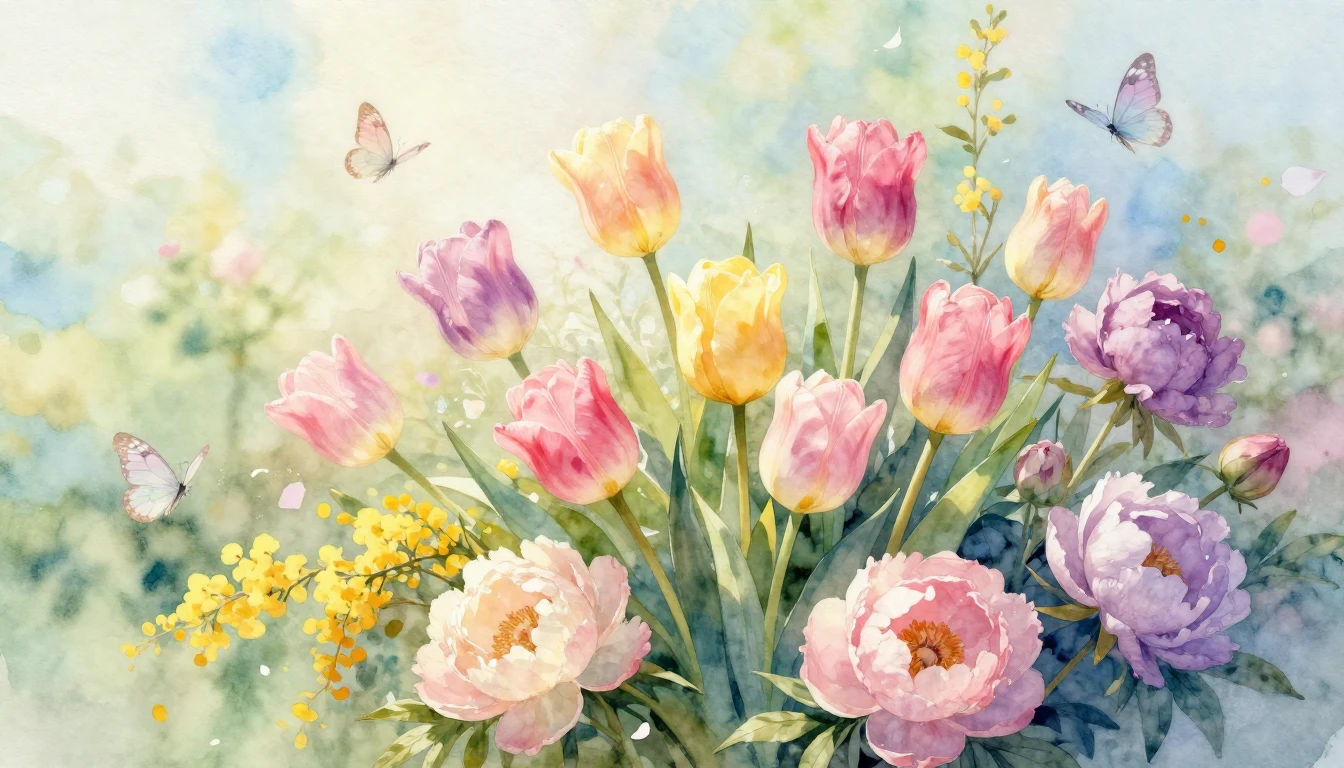 A soft and delicate watercolor painting of a lush spring gar...