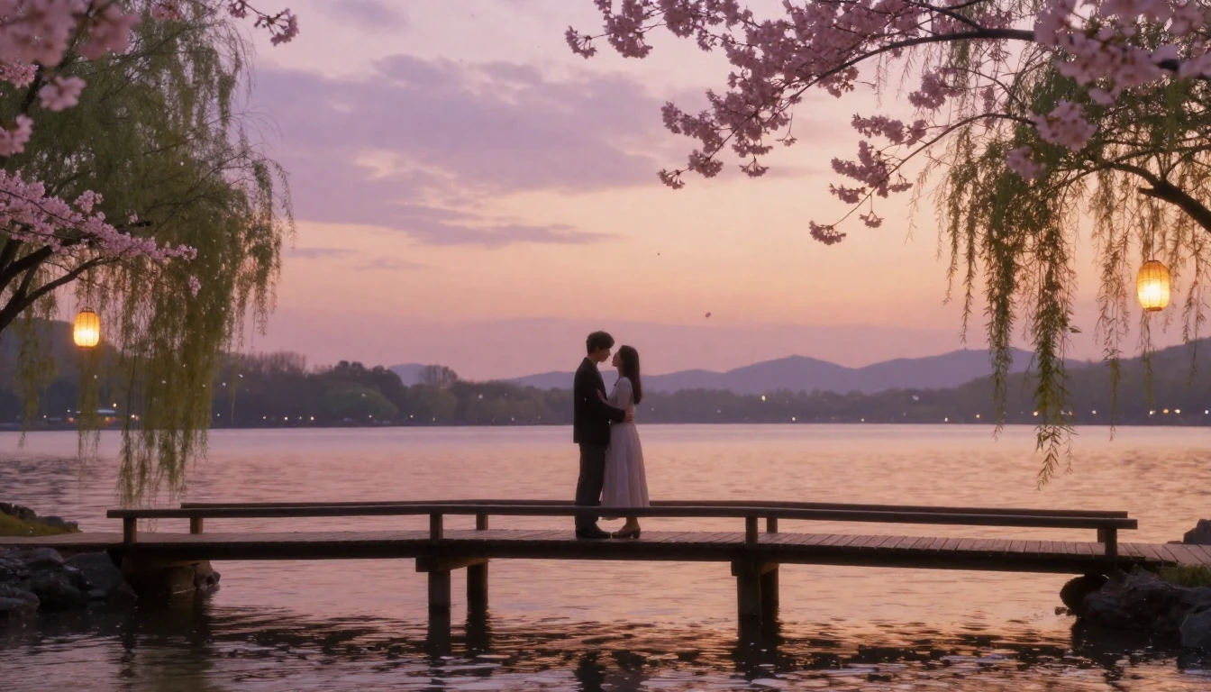 A romantic and ethereal scene of two lovers standing on a ru...