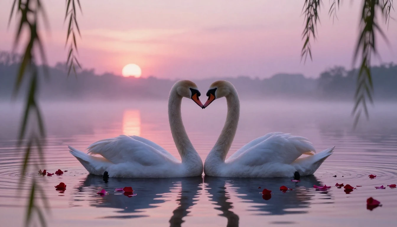 A romantic and dreamy scene depicting two intertwined swans ...