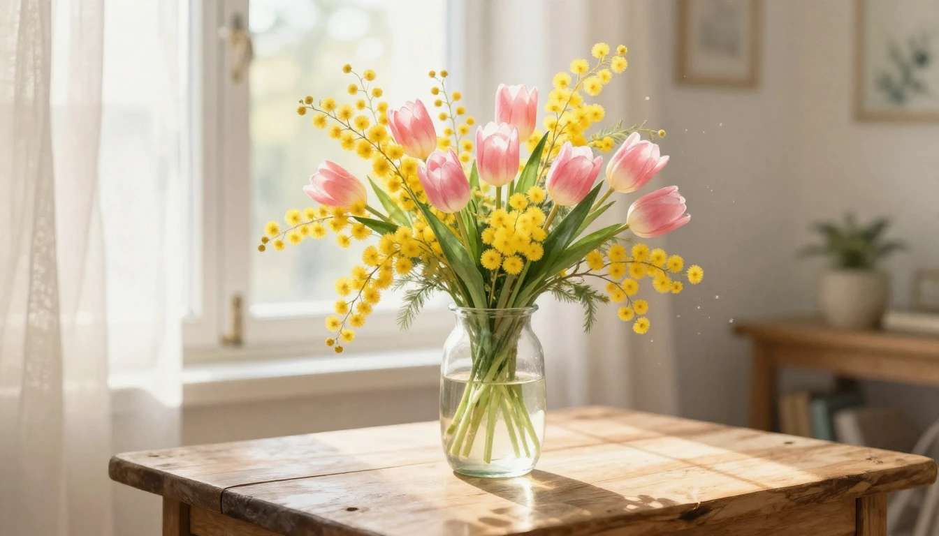 A delicate and vibrant bouquet of spring flowers, featuring ...