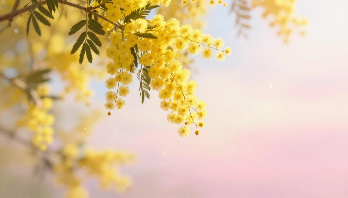 A beautiful blooming yellow mimosa tree branch reaching out ...