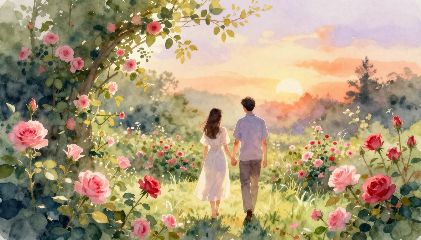 A romantic watercolor painting of a couple walking hand-in-h...