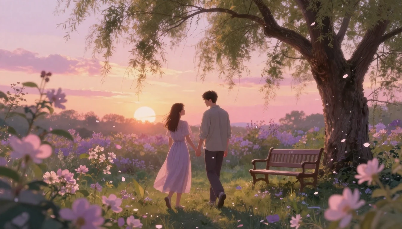 A romantic and dreamy scene of two lovers walking hand in ha...