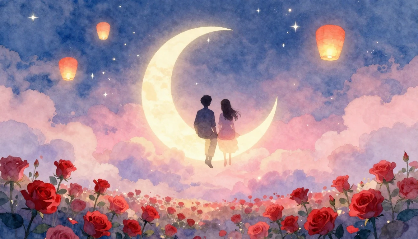 A whimsical and romantic scene featuring two silhouette figu...