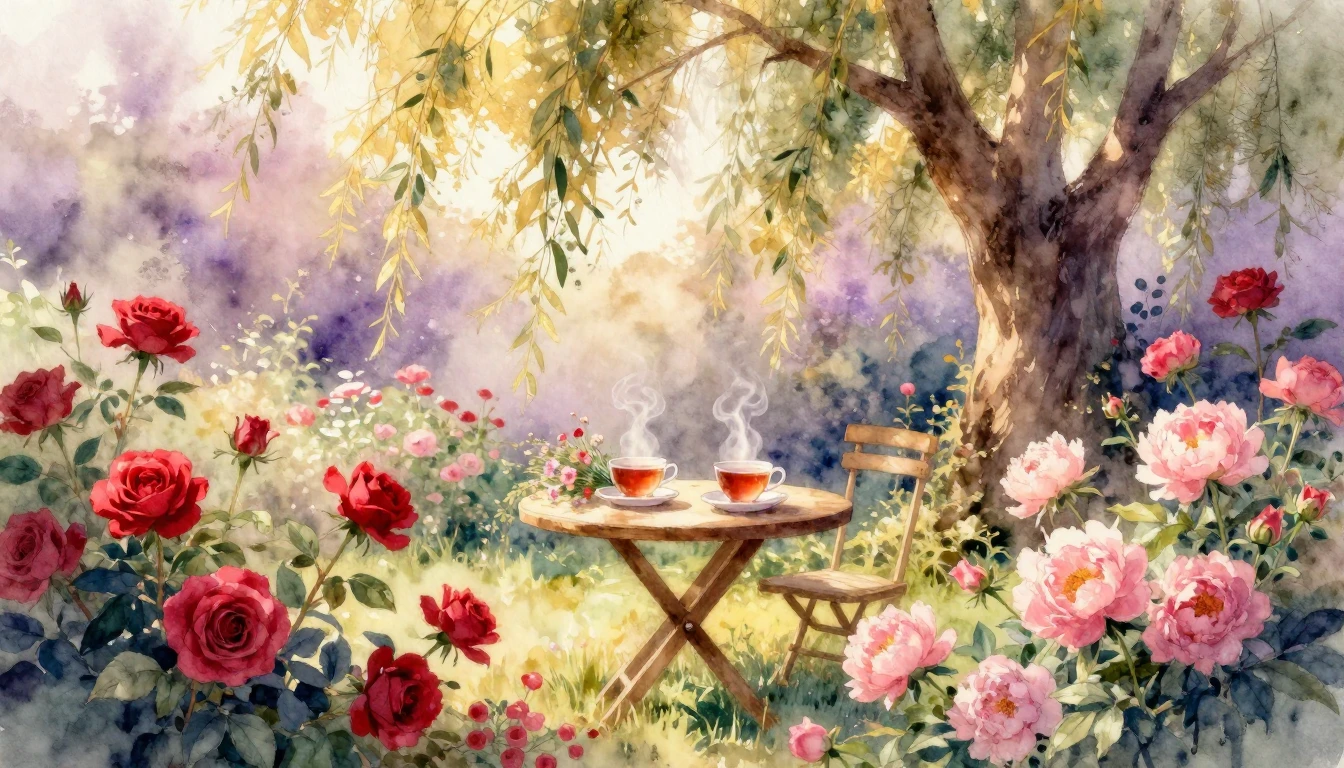 A dreamy and romantic watercolor painting of a lush, sun-dre...