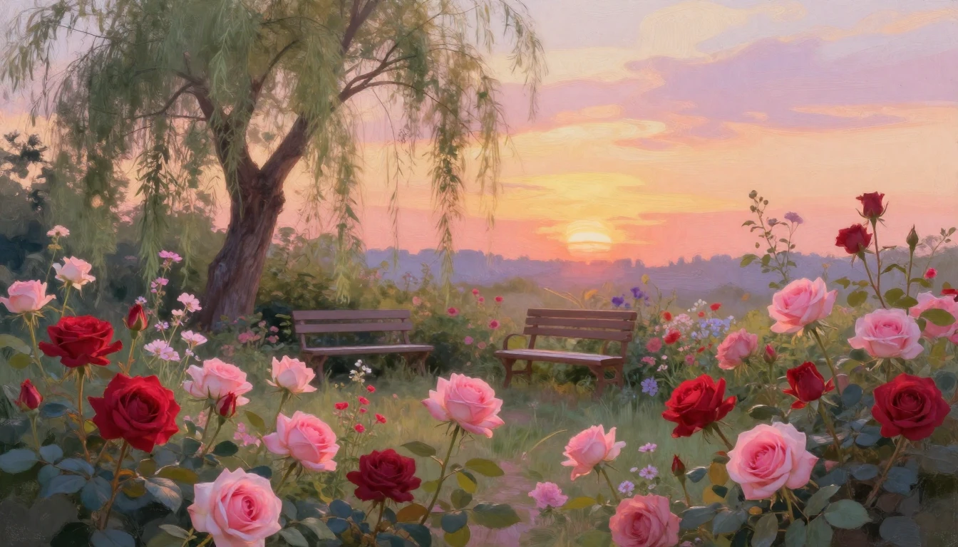 A dreamlike and romantic garden at sunset, painted with soft...