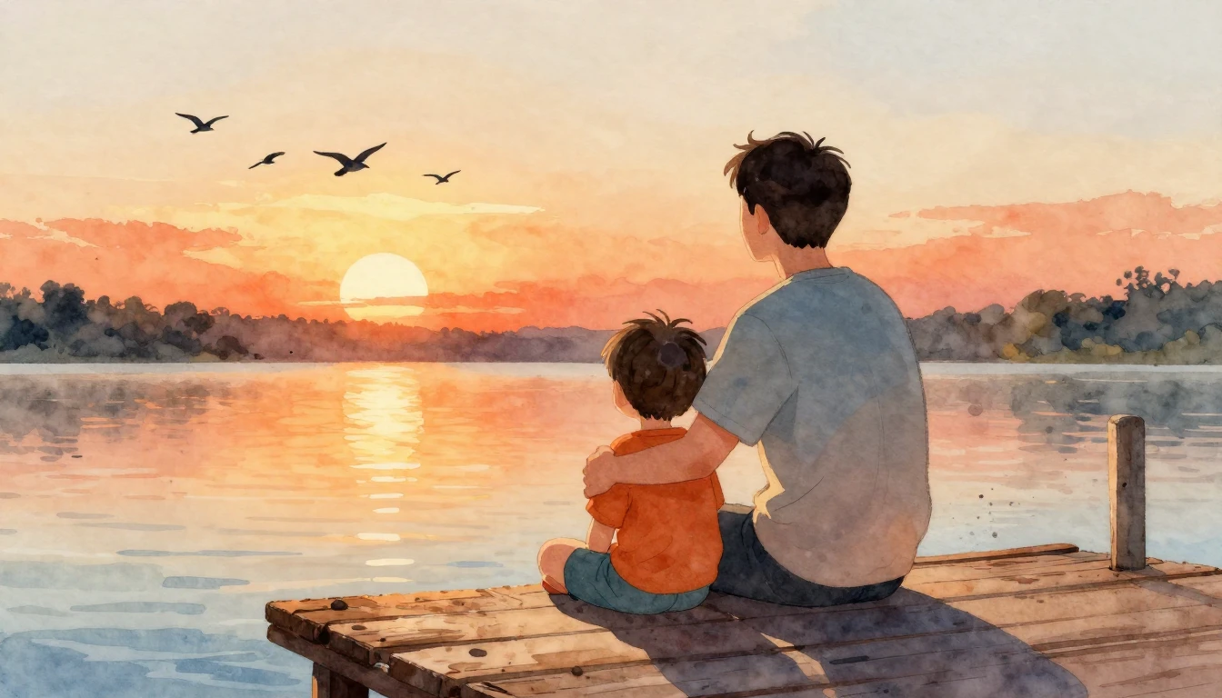 A heartwarming watercolor illustration of a father and his y...
