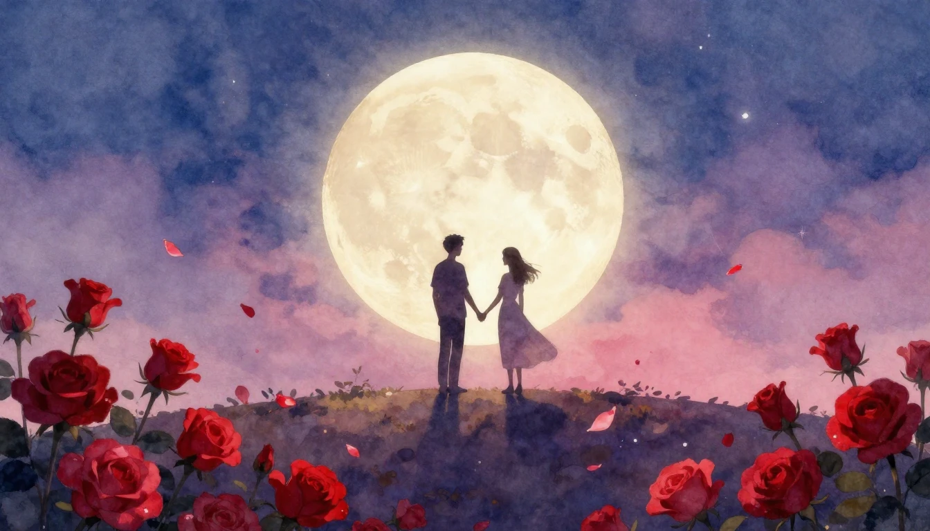 A romantic and dreamy watercolor painting depicting two silh...