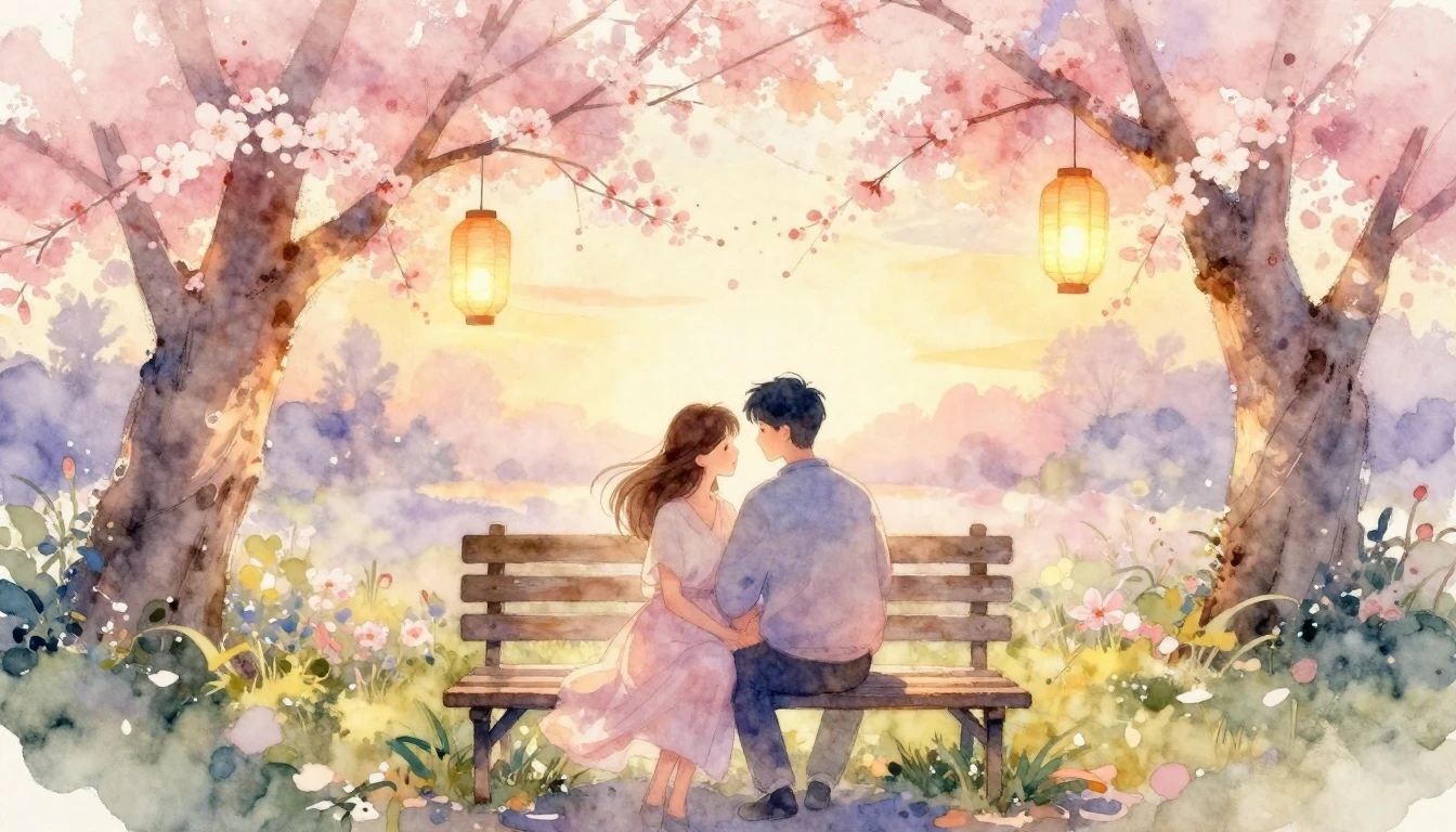 A delicate watercolor painting of a couple sitting closely t...
