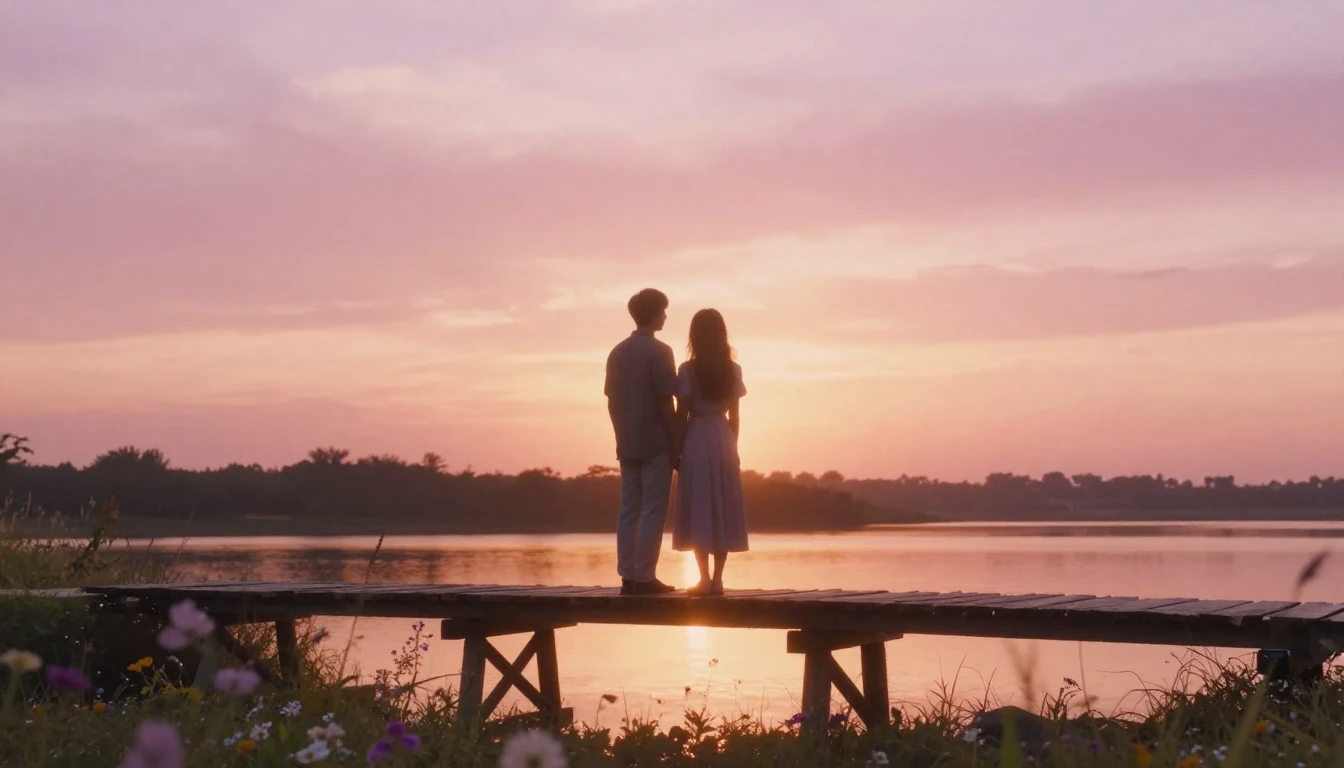 A dreamy and romantic scene featuring two silhouettes of a c...