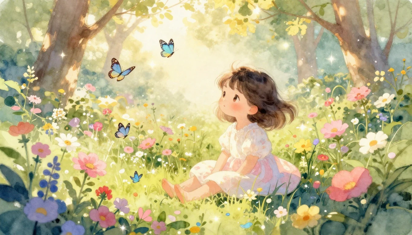 A magical and dreamy watercolor illustration of a little gir...