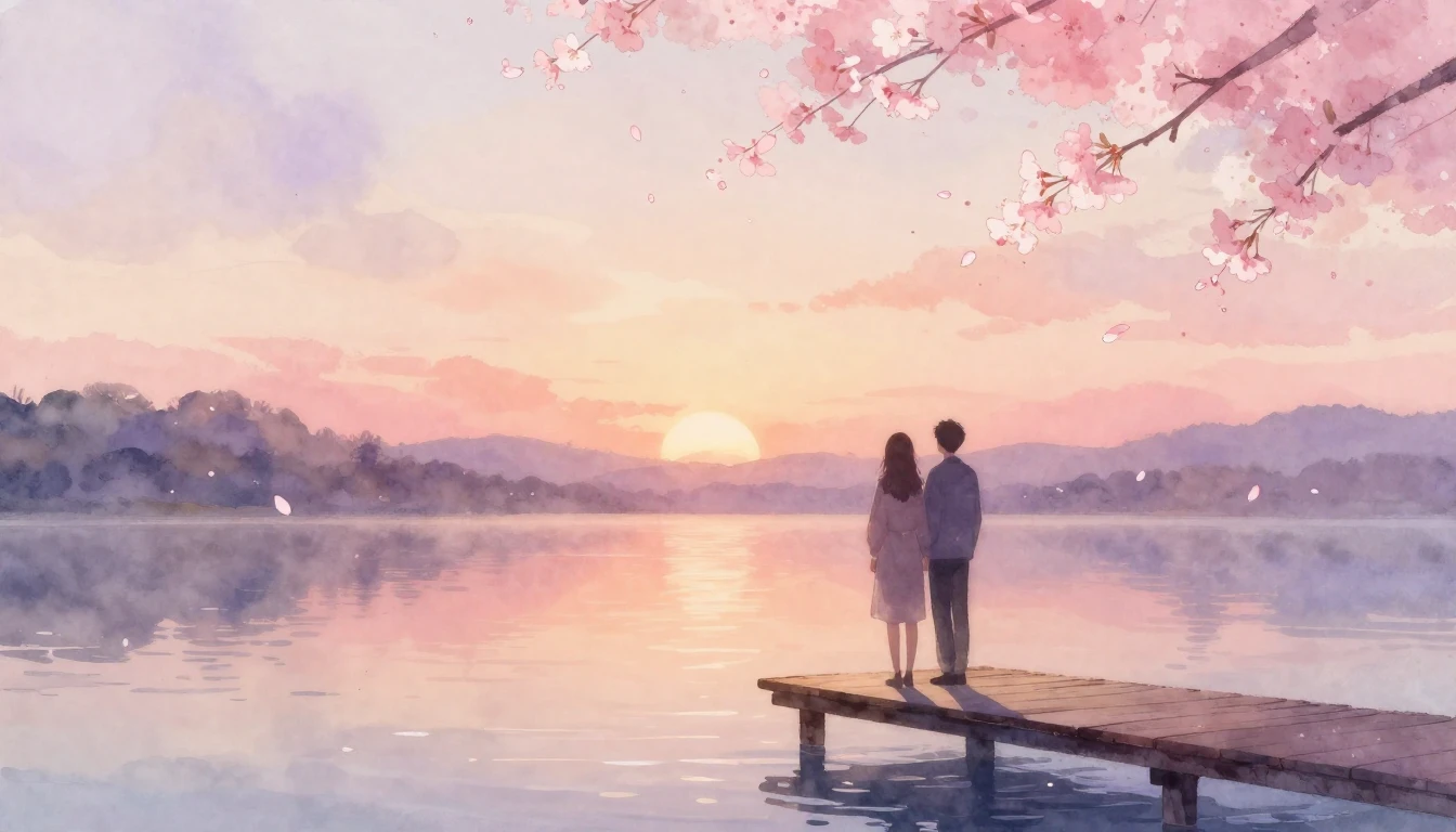 A dreamy and romantic watercolor painting of two silhouetted...