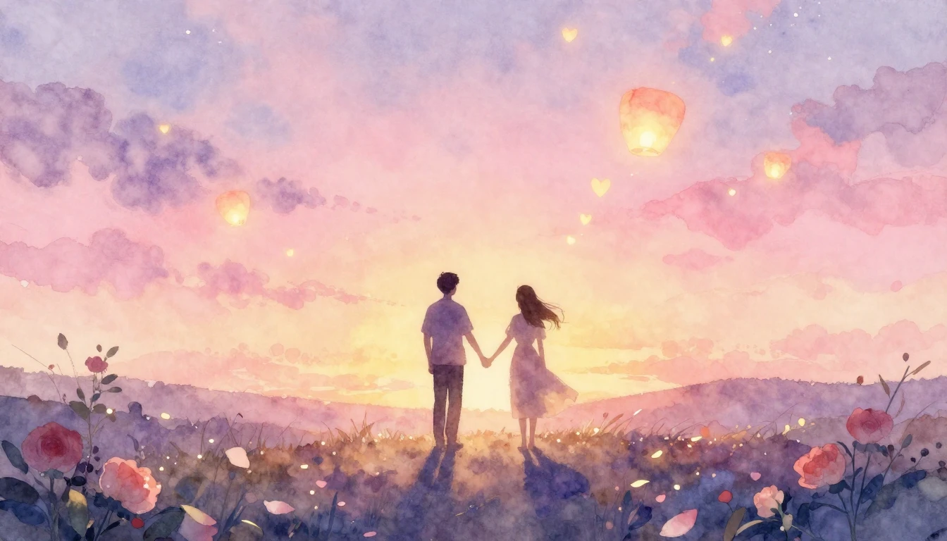 A romantic and dreamy watercolor painting depicting two silh...