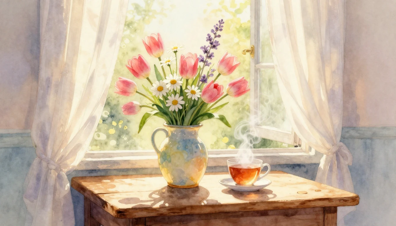 A soft and dreamy watercolor painting depicting a rustic woo...