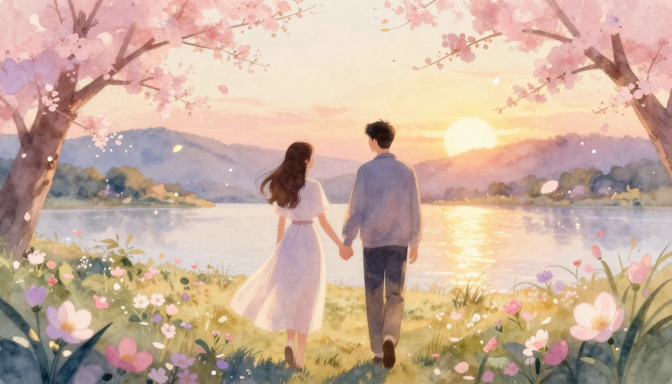 A romantic and ethereal watercolor illustration of a couple ...
