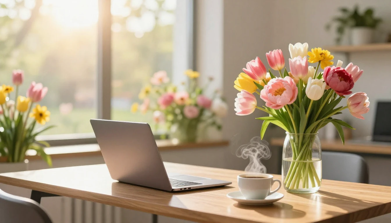 A bright and modern office workspace transformed into a bloo...