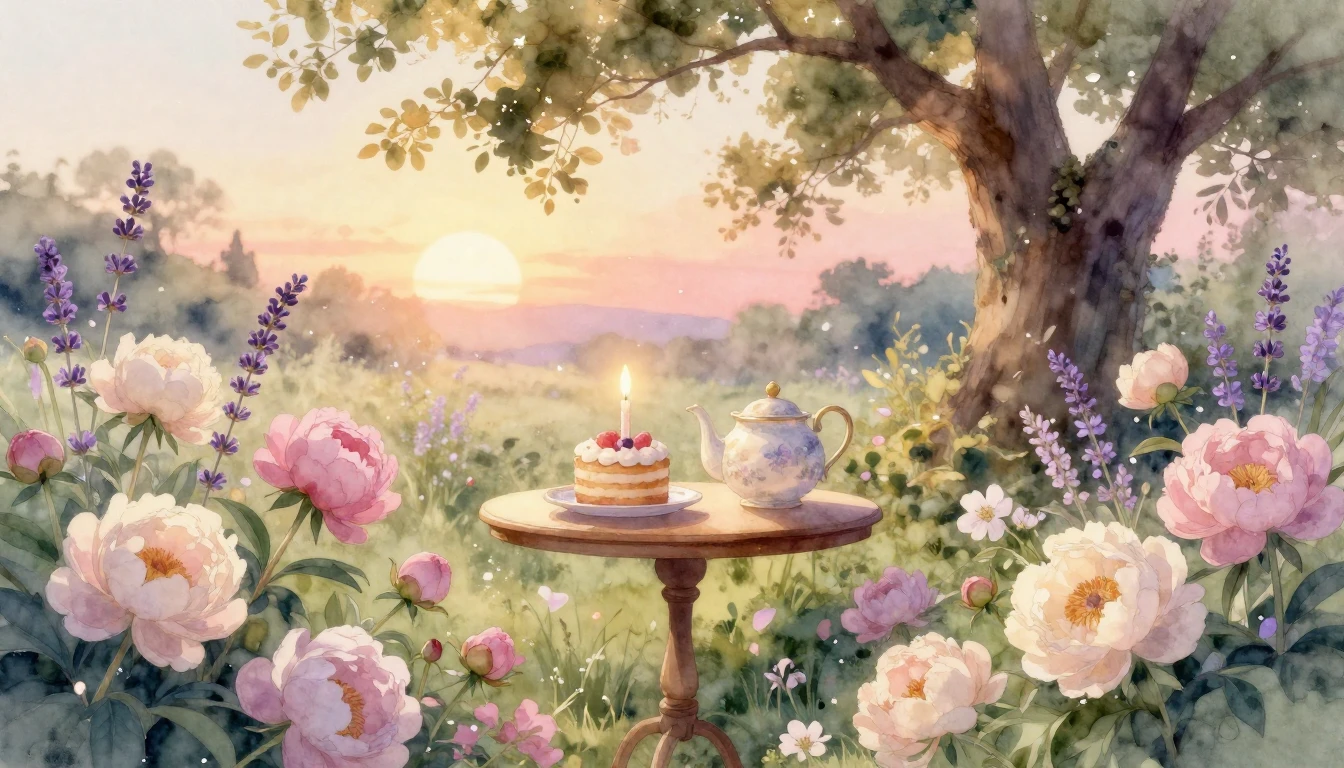 A dreamy and ethereal watercolor painting of a serene garden...