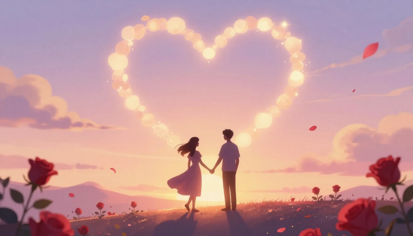 A romantic and soft illustration depicting two stylized silh...