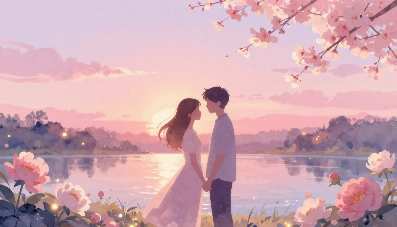 A romantic and gentle watercolor illustration depicting two ...