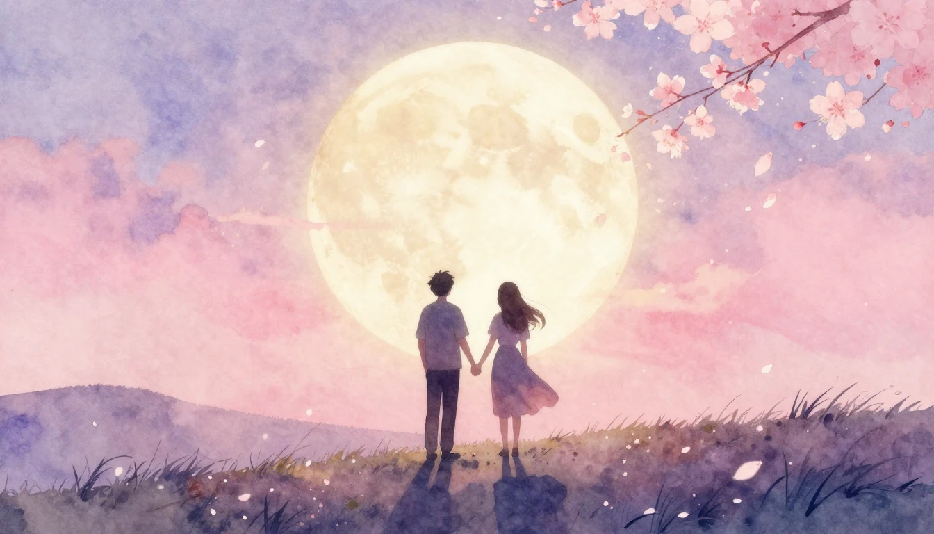 A soft and dreamy watercolor painting depicting two silhouet...