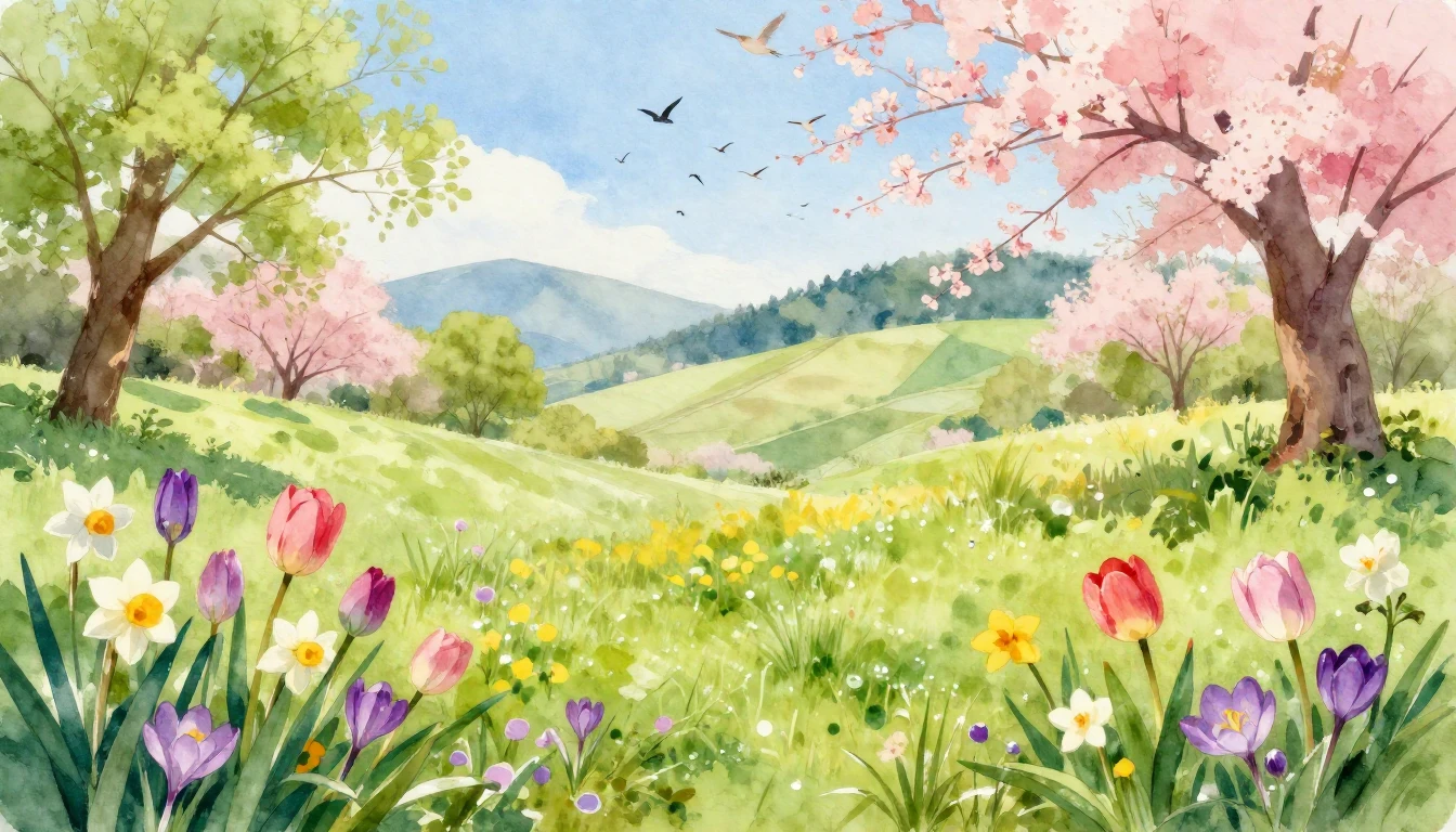 A soft and vibrant watercolor painting depicting a lush spri...