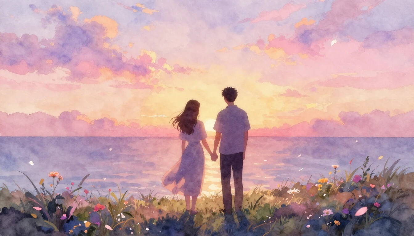 A romantic and dreamy watercolor painting depicting a silhou...