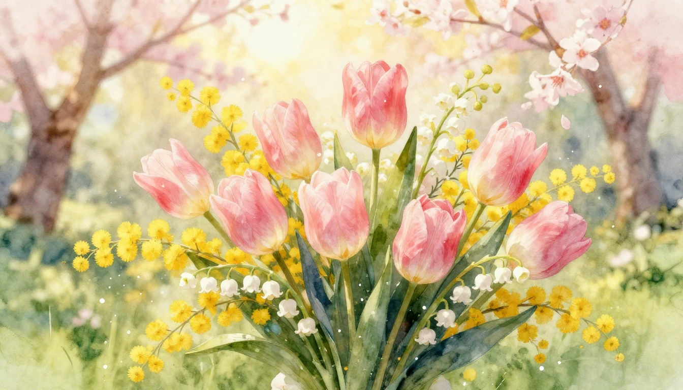A delicate and warm watercolor painting of a lush spring bou...