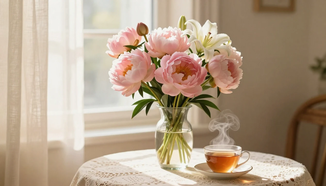 A serene and warm indoor setting featuring a beautiful bouqu...