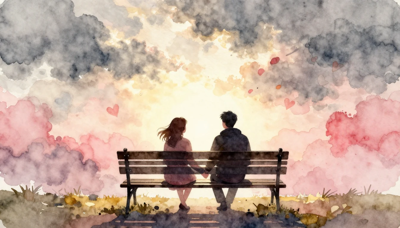 A romantic watercolor painting depicting a glowing, warm sun...