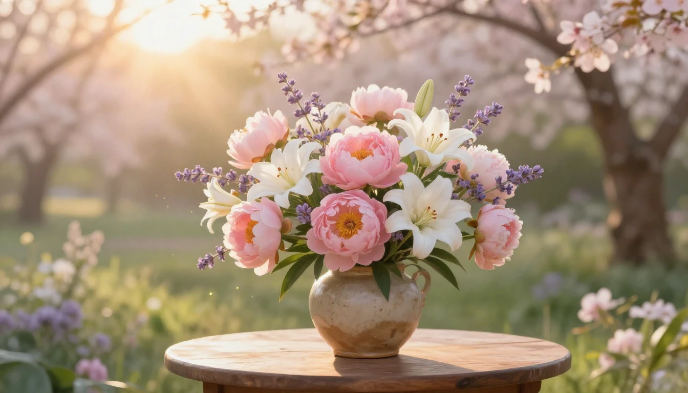 A serene and heartwarming scene in a blooming spring garden,...